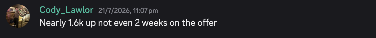 Discord message from Cody Lawlor, 21 July 2026: nearly 1.6k up, not even 2 weeks on the offer.