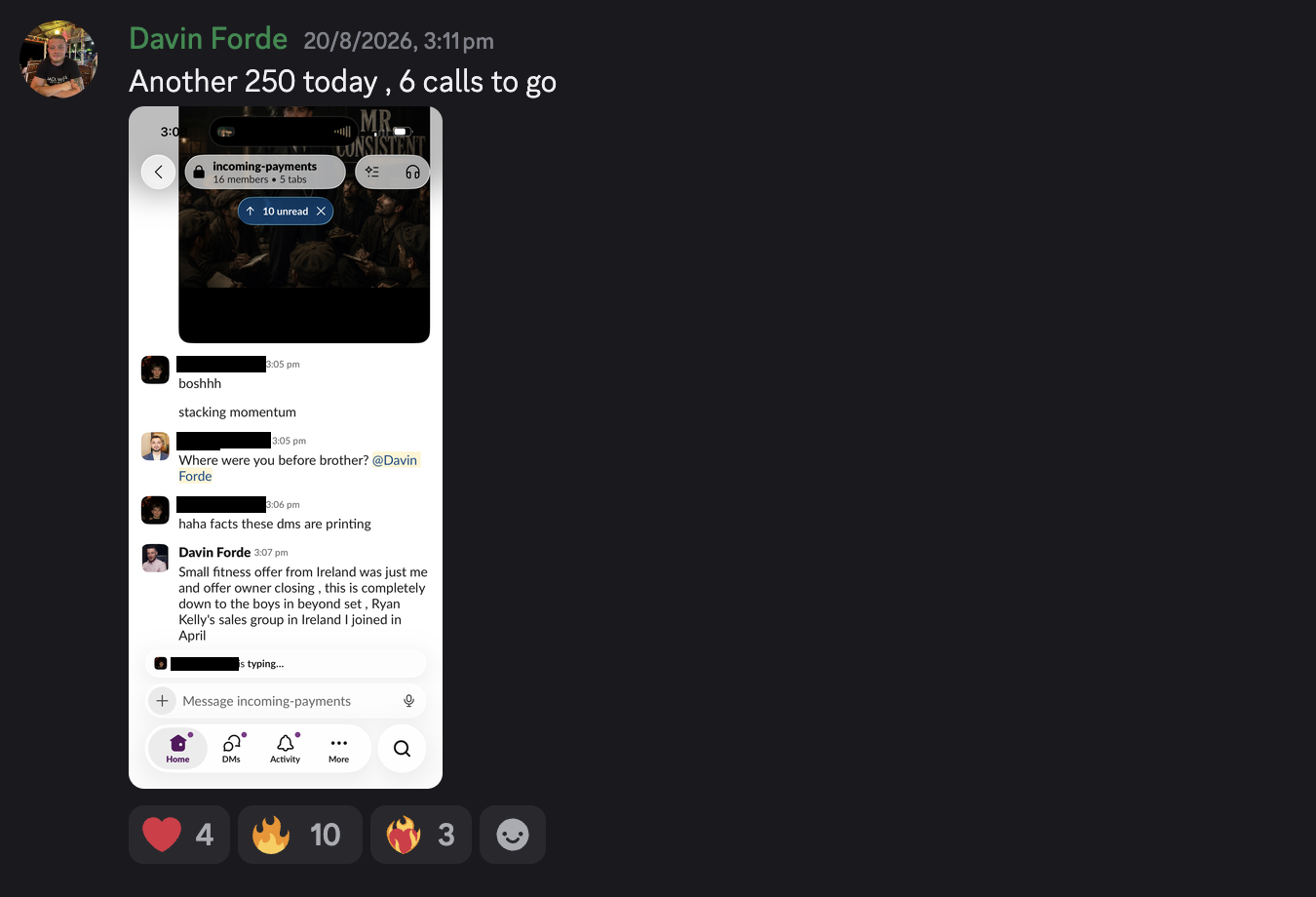 Discord message from Davin Forde, 20 August 2026: another 250 today, and a Slack message crediting Beyond Set to the client's own team.