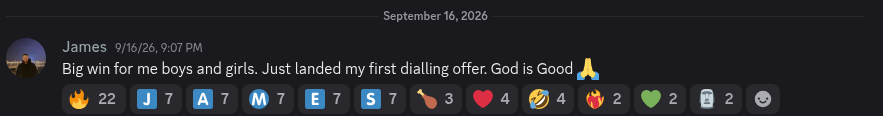 Discord message from James, 16 September 2026: landed his first dialling offer.